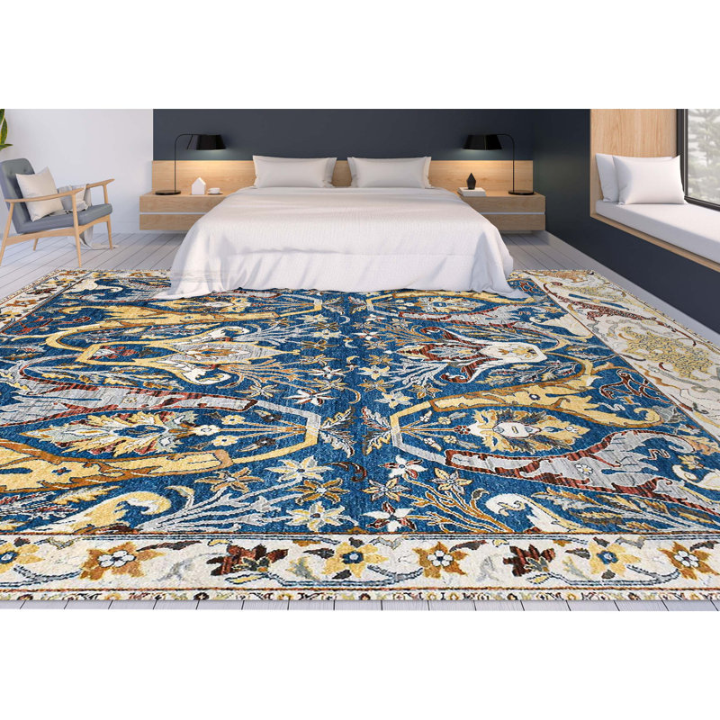 Wool Floral Area Rug in Blue/Yellow/Beige, Rectangle 8' x 10'