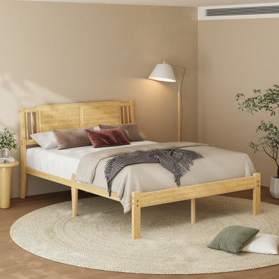 Queen 14" Heavy Duty Solid Wood Bamboo Platform Bed Frame With Headboard, Metal Slat Support, Easy Assembly
