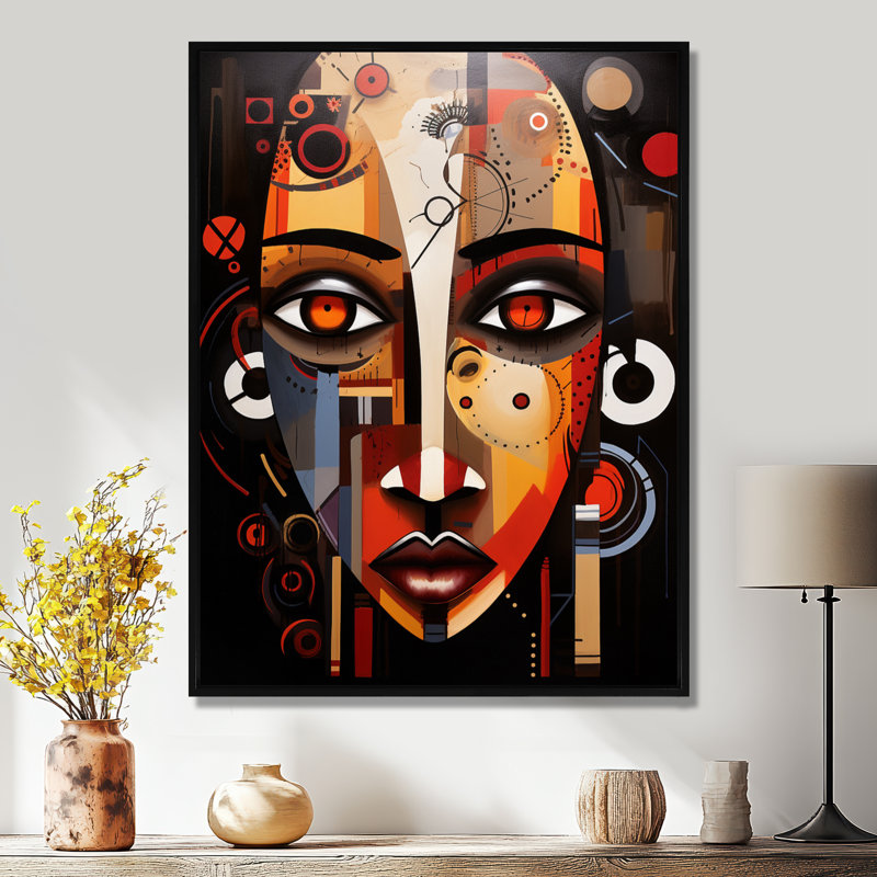 Ancienne beauté aux yeux bruns géométriques - Masque africain, art mural, Cadre flottant noir, H 40 po x l 30 po x P 1,5 po