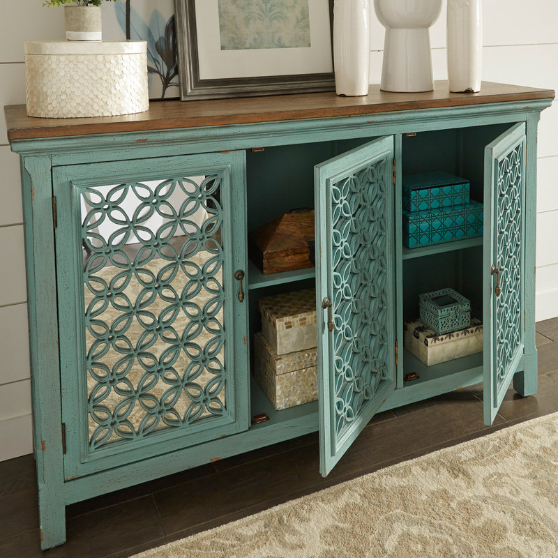 Buffet décoratif en bois massif et manufacturé Zavier, Brun / turquoise, H 36,5 po x l 56 po x P 17 po