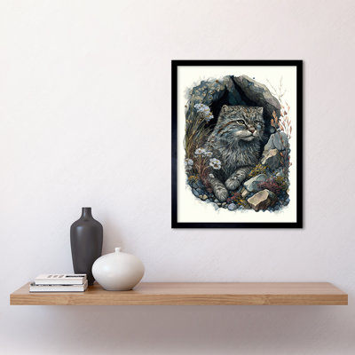 Wild Cat In Rock Cavity With Wildflowers Detailed Watercolour - Single Picture Frame Print