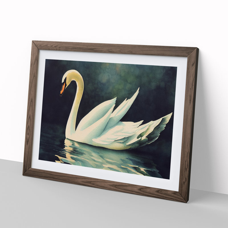 Swan Watercolour Vol.4 - Single Picture Frame Painting, 34cm H x 46cm W x 2cm D, Walnut