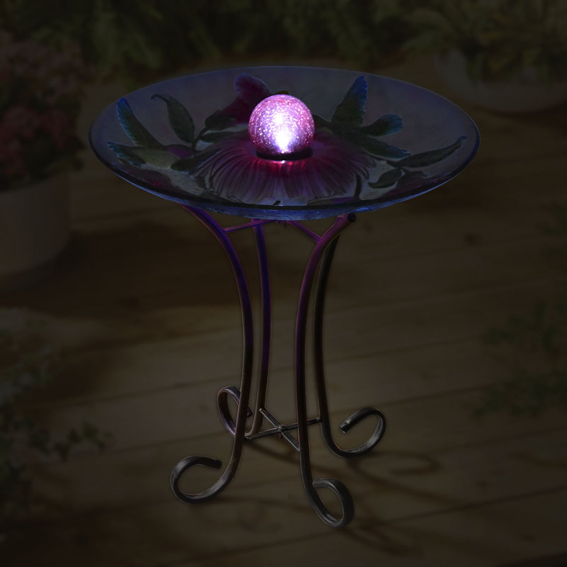 Solar Floral Glass Hummingbird Bird Bath with Stand