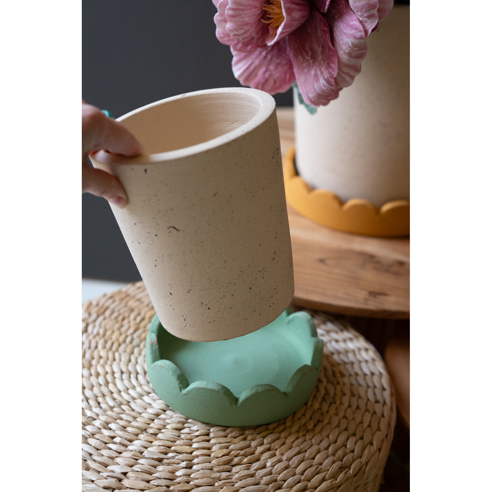 SET OF THREE SCALLOPED TERRACOTTA PLANTERS