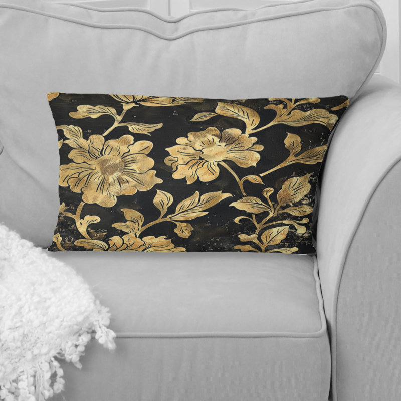Or doré et fleurs délicates délicates I - coussin damassé, Forme rectangulaire, H 12 po x l 20 po