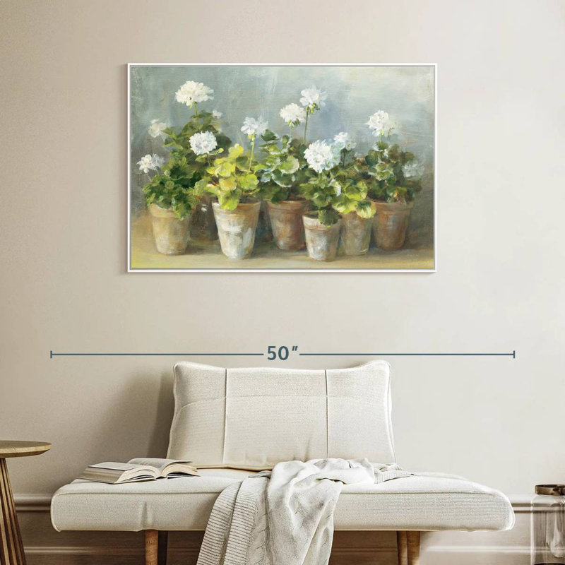 White Geraniums Crop, 40" X 27", Floating Frame White