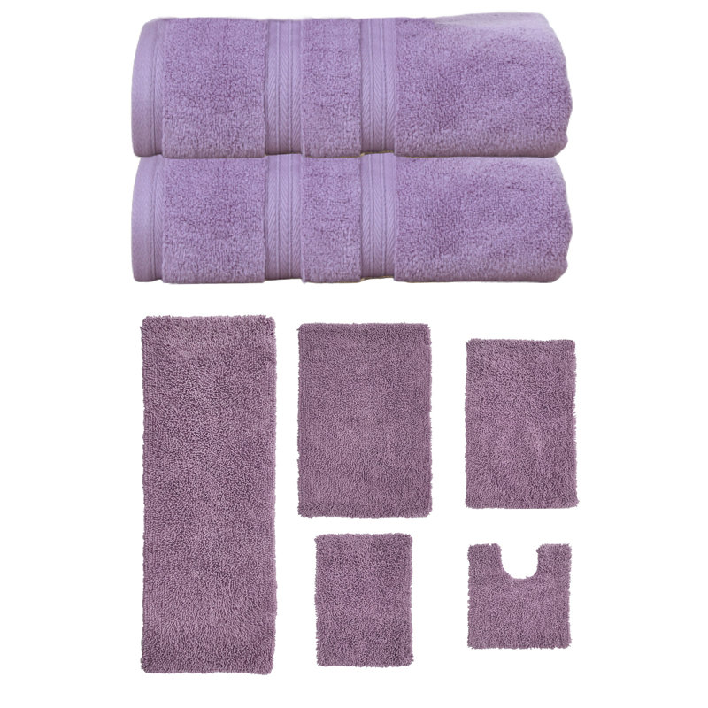 Ensemble de serviettes de bain 2 pièces et de tapis de bain 5 pièces Bruno Collection 100% coton doux (ensemble de 7), Mauve