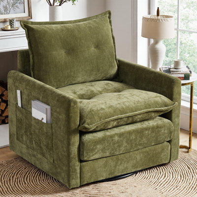 Fauteuil demi-tonneau pivotant avec poches latérales - Fauteuil d'appoint moderne en chenille de style Mid-Century, coussin en mousse à mémoire de forme - Rotation en douceur de 360 °, base en métal solide - Fauteuil simple confortable pour le salon, la chambre à coucher, le coin lecture