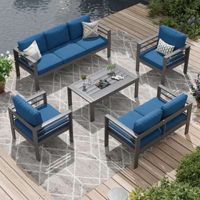 Ensemble de mobilier d'extérieur en aluminium 7 places, canapé modulaire moderne en métal 5 pièces avec table basse