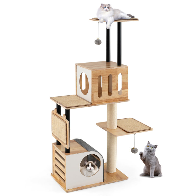  Wood Cat Tree w/Dual Cat Condos Sturdy Metal Tubes Frame Sisal Scratching Posts