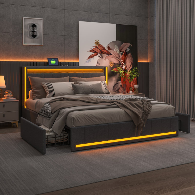 Upholstered Storage Bed, King (168 x 213 cm), Grey