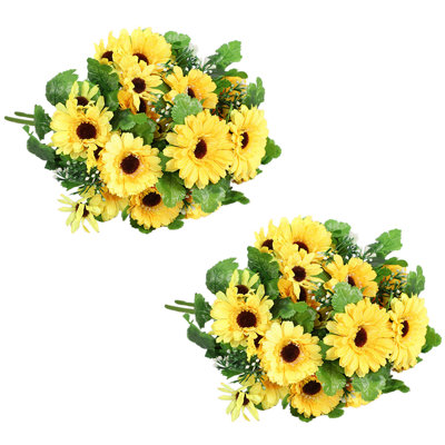 2PCS Artificial Gerbera Flower Bouquet, Faux Chrysanthemum Floral Arrangement with Green Leaves for Home, Wedding, Table Centerpiece & Vase Decor