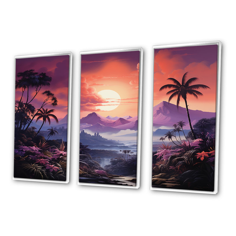 «Abstract Hawaii Palm Tree Sunset», ensemble d'art sur toile palmiers et palmiers, Cadre flottant blanc