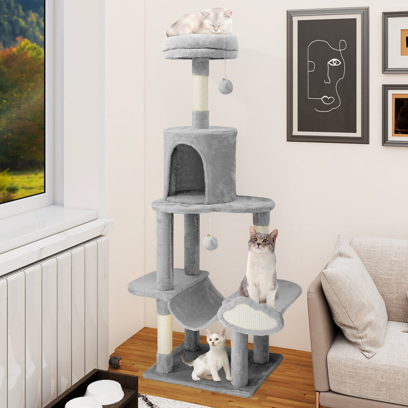 Cat Climbing Tree With Hammock, Scratching Posts, Two Dangling Balls, And Plush Hideaway, Cat Tower For Apartment, Grey
