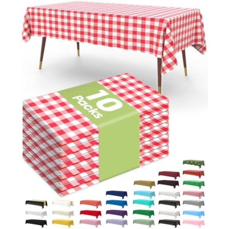 Nappes jetables en plastique 137 x 274 cm (lot de 10), à carreaux rouges