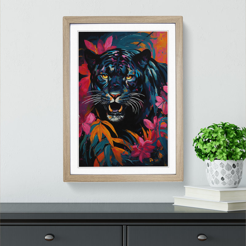 Panther Expressionism No.2 - Single Picture Frame Print on Wood, Oak, 64cm H x 46cm W x 2cm D