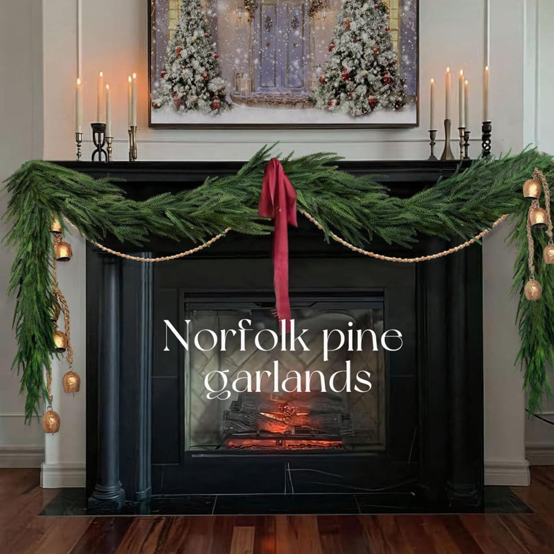 Christmas Decorations - 6 Ft Realistic Norfolk Pine Garland - Artificial Pine Greenery Garlands For Mantle Fireplace Stairs Railing Table Indoor Outdoor Front Door Porch Home Decor