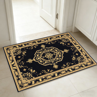 Black Gold Persian Rug Carpet-waterproof, easy to clean, machine-washable, soft and comfortable; suitable for door mats, kitchens, living rooms, bedrooms, corridors, and laundry areas. Easy to clean, durable carpet for home decoration.