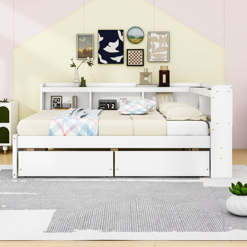 Lit de jour double en L avec ports de chargement USB, tiroirs de rangement et tablettes, Blanc