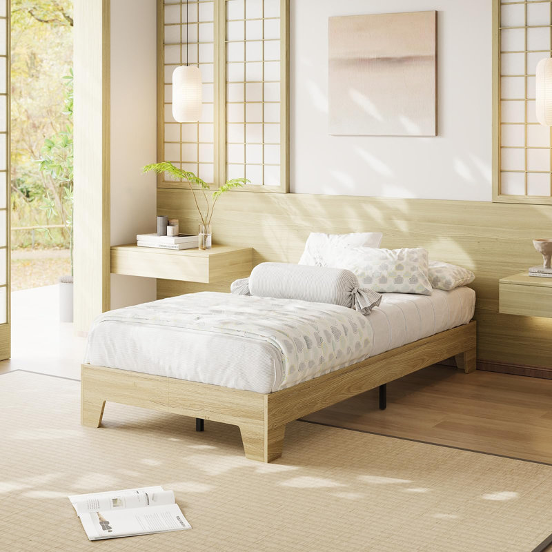 Twin XL Natural Wood Platform Bed Frame with Strong Slats, Minimalist Design, No Box Spring Needed, Gold, Twin XL