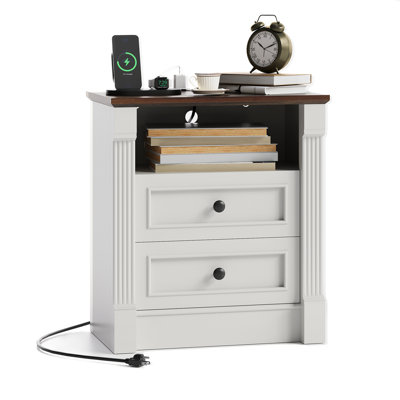 23.6" Farmhouse Nightstand with Charging Station and 3 Drawers, Roman Column Design Wood End Table for Bedroom or Living Room