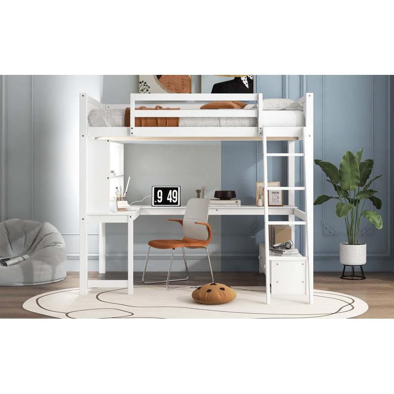 Lit mezzanine double avec bureau multi-rangement en forme de L, lumière DEL et station de charge USB, banc de rangement avec 2 tiroirs