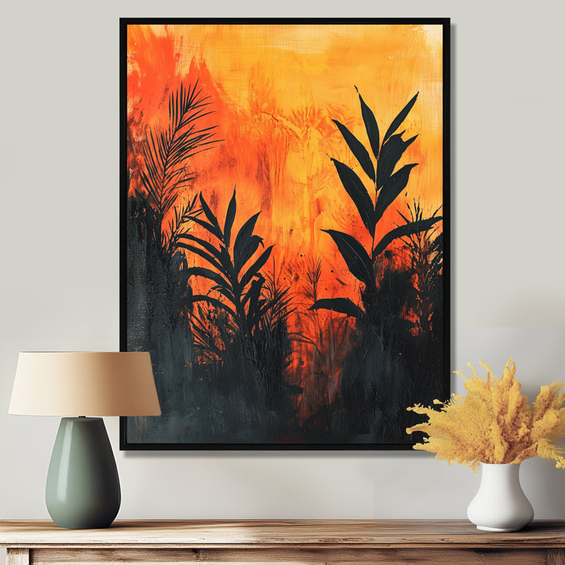 The Fiery Expressionism Tropical Forest I - Plants, art mural, H 20 po x l 12 po, Reproduction avec cadre flottant, Noir