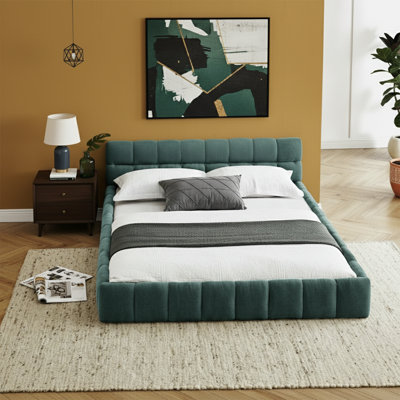  Lit plateforme de 68 po de largeur avec grand lit en tissu chenille épais d'une capacité de 500 lb, sans sommier tapissier, vert