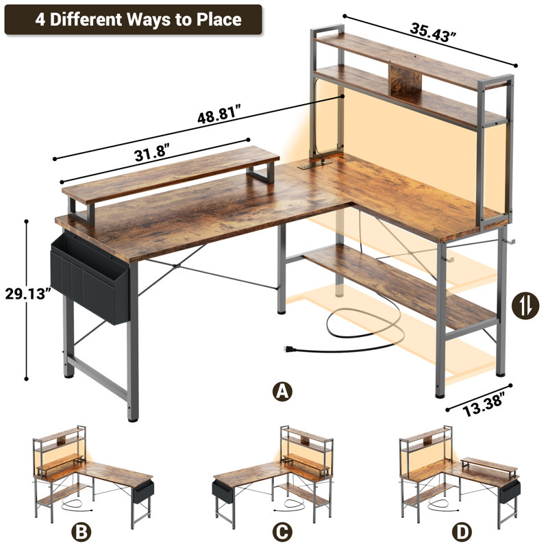 L Shaped Computer Desk With Monitor Stand And Storage Shelf, 49'' Small Corner Desk For Home & Office, Brown/Black