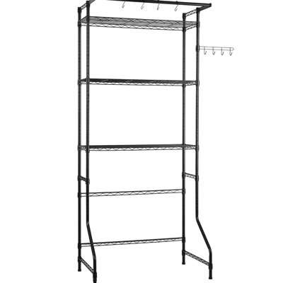 Étagère de rangement pour laveuse et sécheuse, 3 supports à linge avec crochets, étagères réglables, noir, métal haute résistance, pieds de nivellement, supportant une charge importante, barre de séchage, rangement de qualité