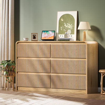 Commode 6 tiroirs, commode en bois naturel avec panneau cannelé et rails silencieux