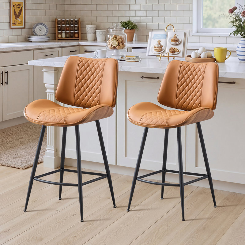 26.97" Counter Stool With Faux Leather And Curved Walnut Wood Backrest Design, Whiskey Brown