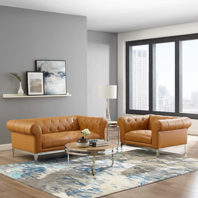 Causeuse et fauteuil capitonnés en cuir Idyll, Cuir assorti brun clair