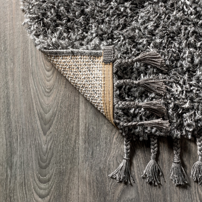 Tapis gris anthracite à poil long et pampilles Felicdad, Tapis de couloir 2 pi 3 po x 8 pi
