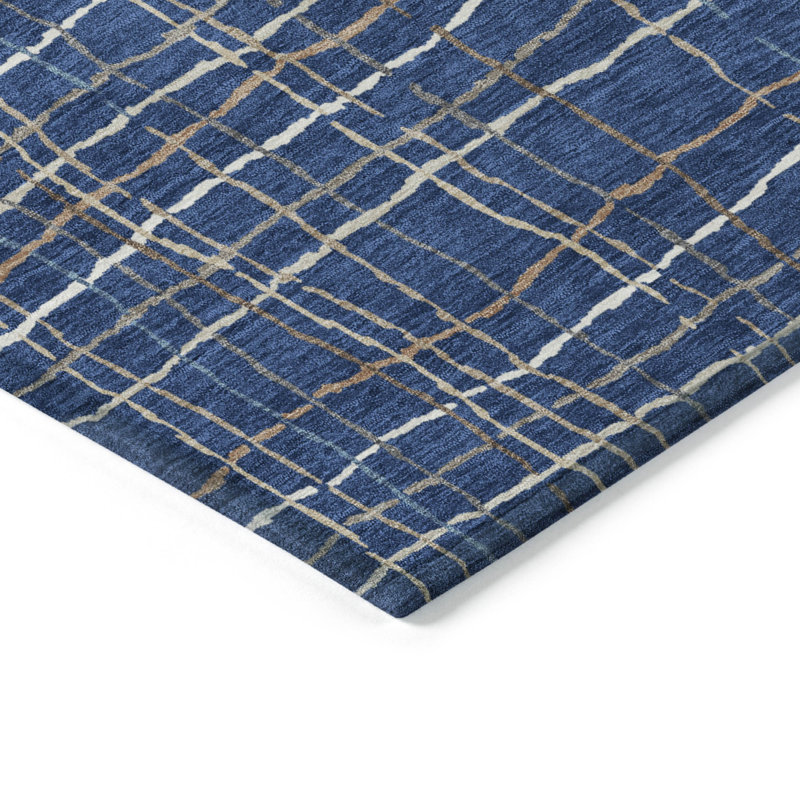 Navy and White Striped Synthetic Washable Rug 2'6" x 3'10"