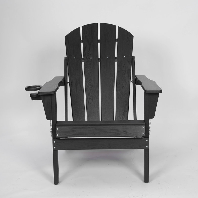 HDPE Folding Adirondack Chair With Dual Cup Holder - Composite Adirondack Chair With Wood Texture, Black