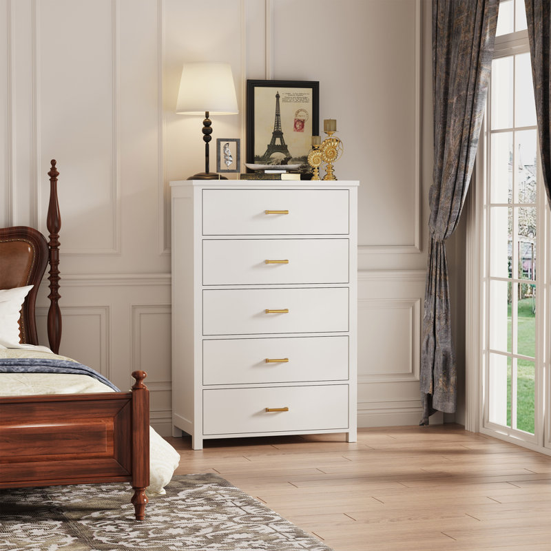 Commode 5 tiroirs en bois massif, Blanc