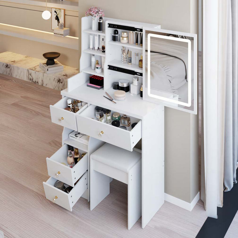 Meuble-lavabo avec miroir à DEL, tiroir spacieux et tabouret confortable pour la routine beauté, Blanc