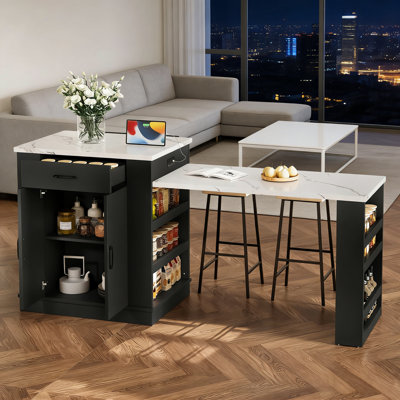 Extendable Kitchen Island Cart With Drawers, Double-Door Cabinet, Open Shelving, Mobile Design