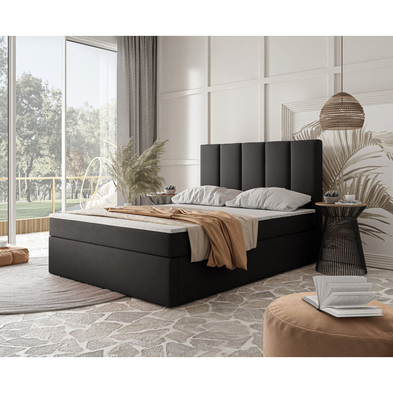 Box Spring Bed Jinesh with Bonell Mattress and Storage, 160 x 200cm, Black