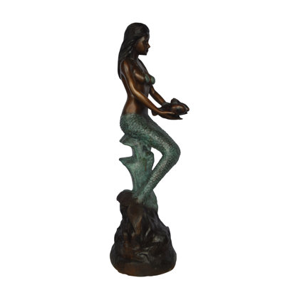 Statue en bronze de sirène tenant deux poissons de la collection Nifao - Taille: L 14 po x l 14 po x H 43 po.