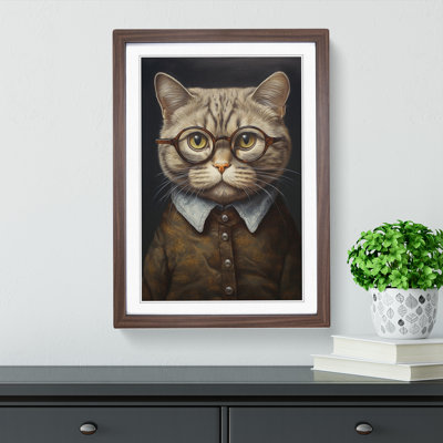 Cat With Glasses Painting - Single Picture Frame Print on Wood