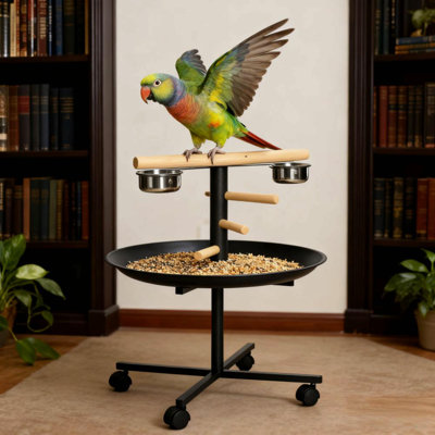 Mangeoire à oiseaux avec roues, support de jeu portatif pour oiseaux, bols en acier inoxydable, plateau