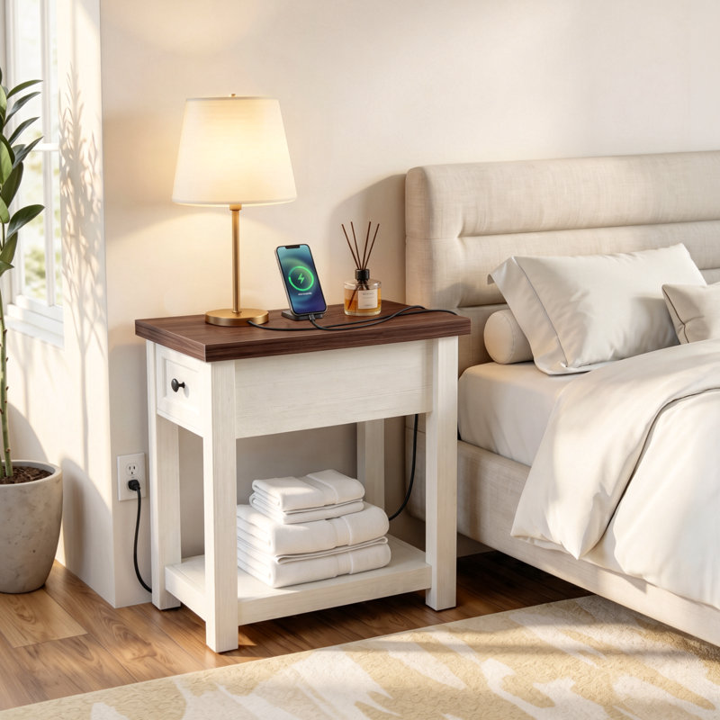 Table de bout en bois massif avec un tiroir et une station de charge, Blanc/noyer, 1