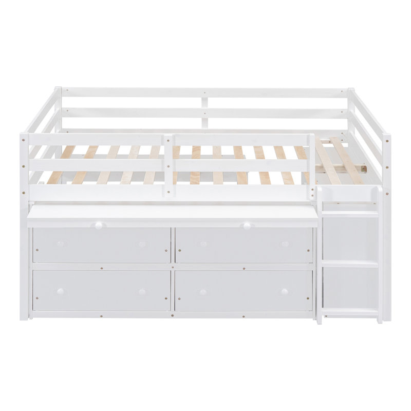 Loft Bed with Retractable Writing Desk and 4 Drawers, Wooden Loft Bed with Lateral Portable Desk and Shelves, Full, White