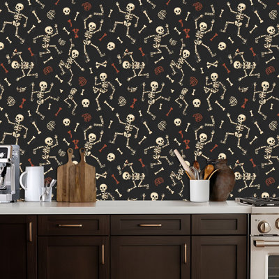 Peel and Stick Wallpaper Halloween Skeleton Bones Black Contact Paper Removable Self Adhesive Wall Mural Wall Decor for Bedroom Kitchen Cabinets 24in x 118in