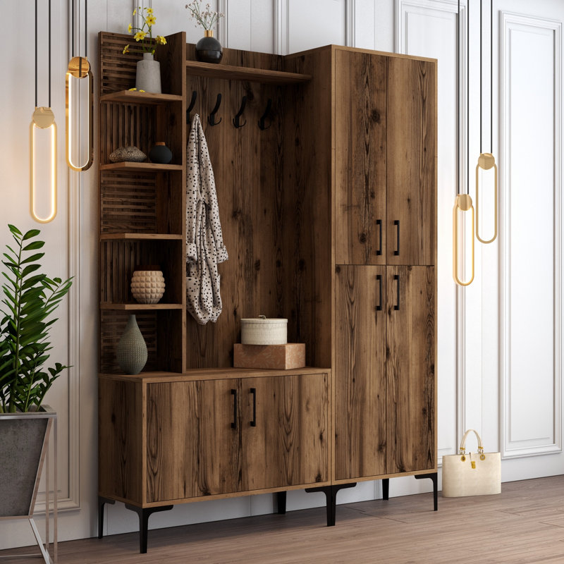 Zephyrine Hall Tree 150cm Wide with Shoe Storage, Walnut