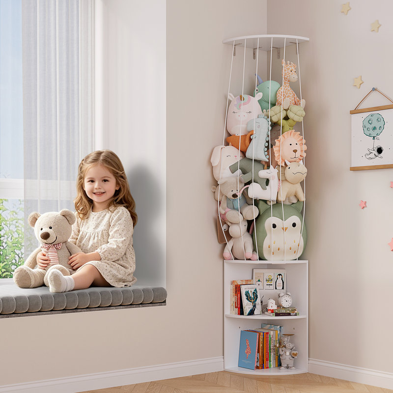 Rangement pour animaux en peluche 74 po avec bande élastique réglable, bibliothèque de coin pour enfants à 2 niveaux, bibliothèque murale pour chambre d'enfant, salle de jeux, chambre de bébé, blanc