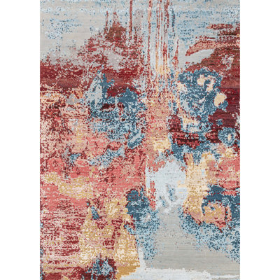Hand Knotted Abstract Area Rug in Blue/Red/Silver