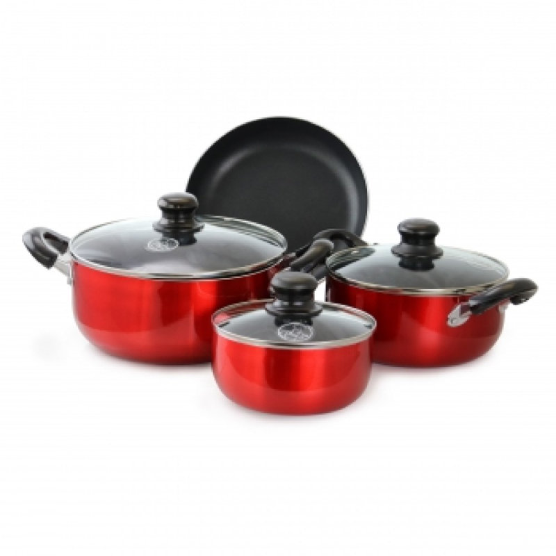 Batterie de cuisine antiadhésive 7 pièces avec poignées Cool-touch et couvercles en verre trempé Better Chef - Rouge 